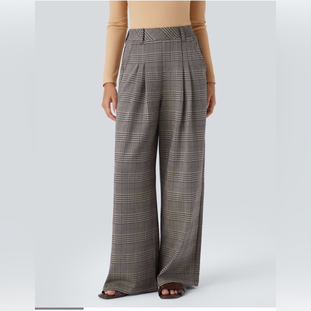Halara High Waisted Side Pocket Wide Leg Houndstooth Plaid Casual Pants NWT - Picture 3 of 7